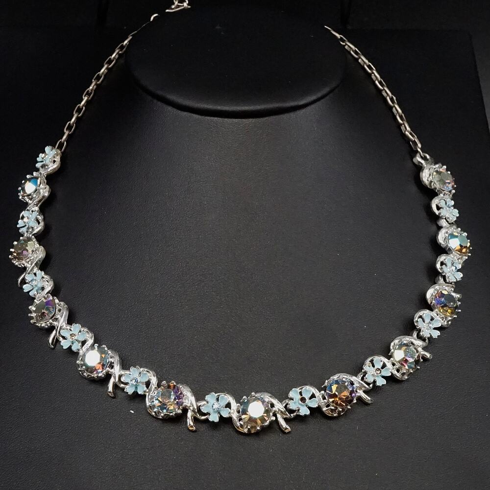 Vintage AB Rhinestone Flower Necklace Blue Enamel Silver Tone Adjustable
